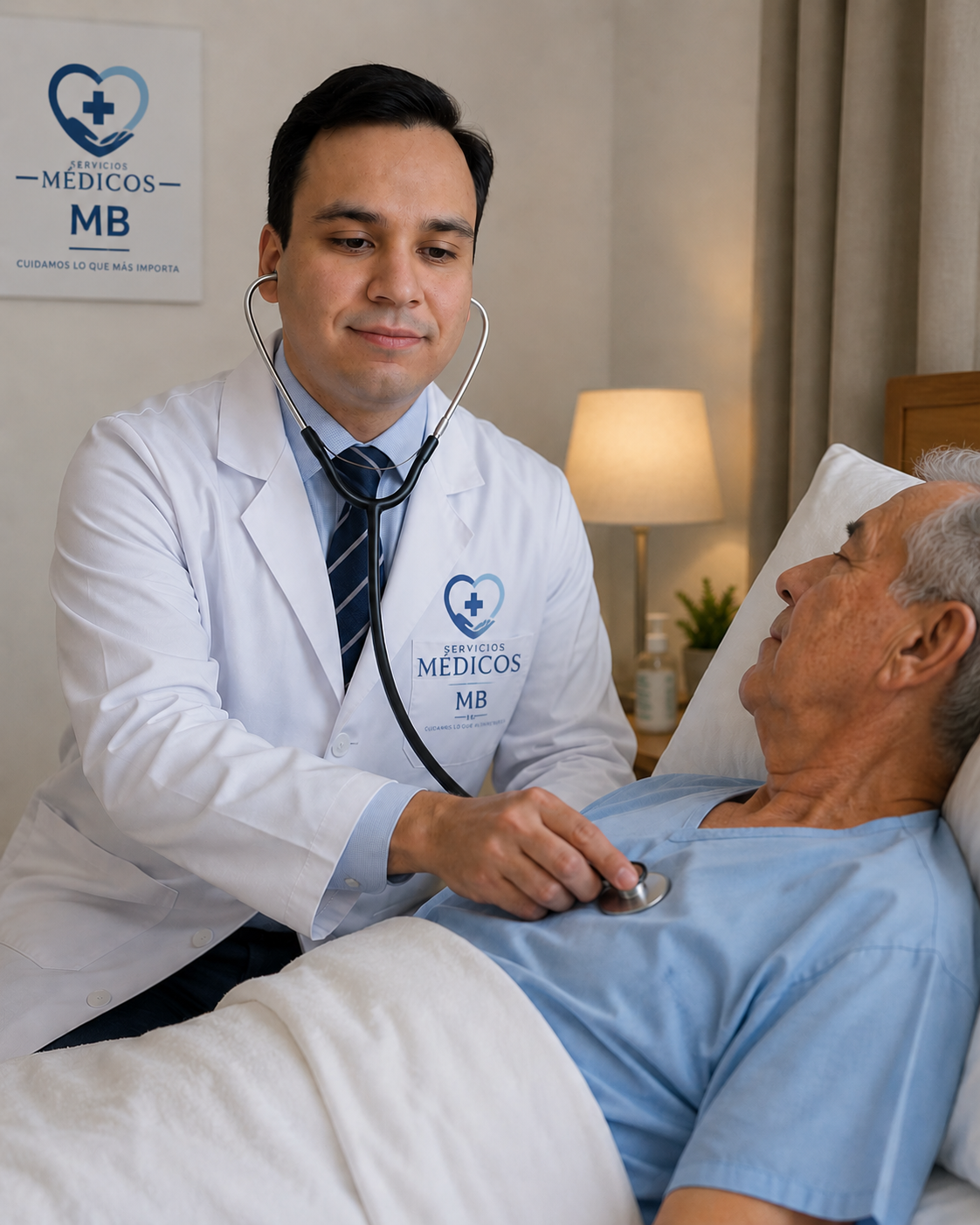 Médico profesional a domicilio atendiendo con calidez